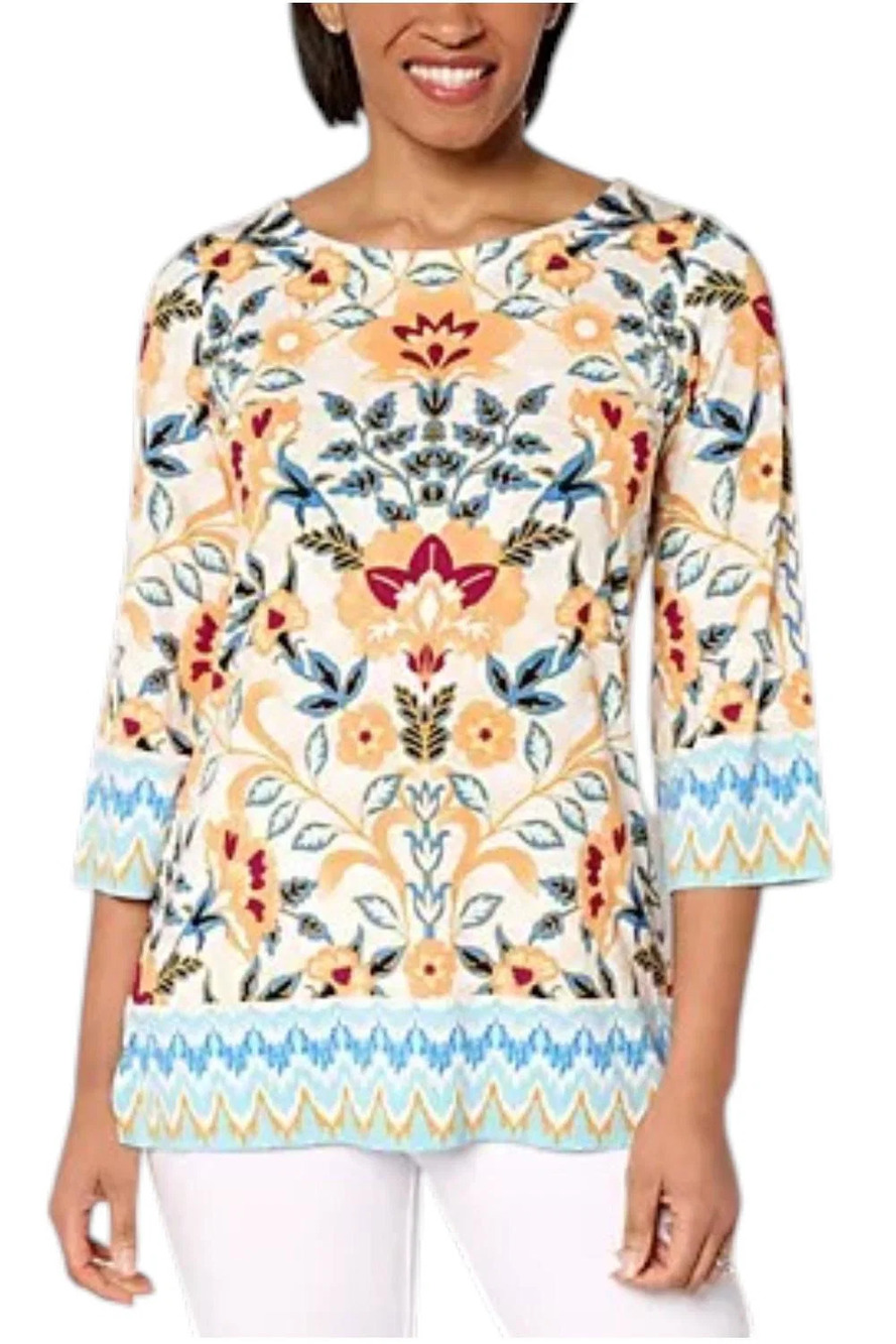 Belle Boho by Kim Gravel Women's Flower Border Boatneck Top Blu Brded - Regular